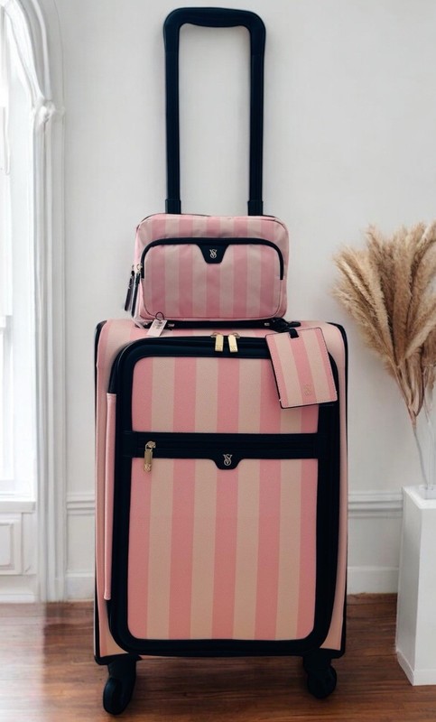 Victoria’s Secret Carry-on Luggage Suitcase, Makeup Pouch Case Travel Set Stripe