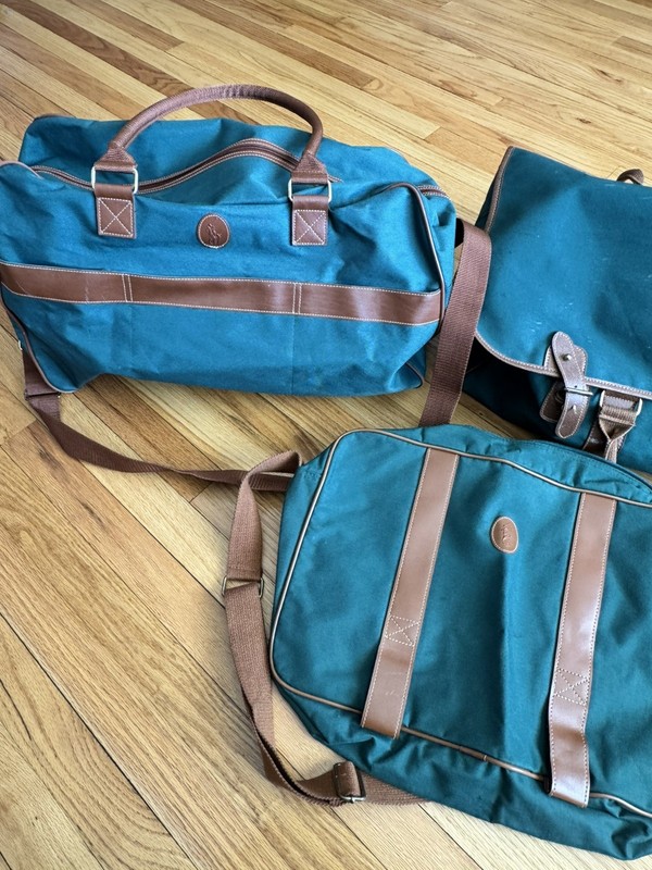 Polo Ralph Lauren Canvas Green Brown Leather 3 Set Luggage Carry On Weekender gallery