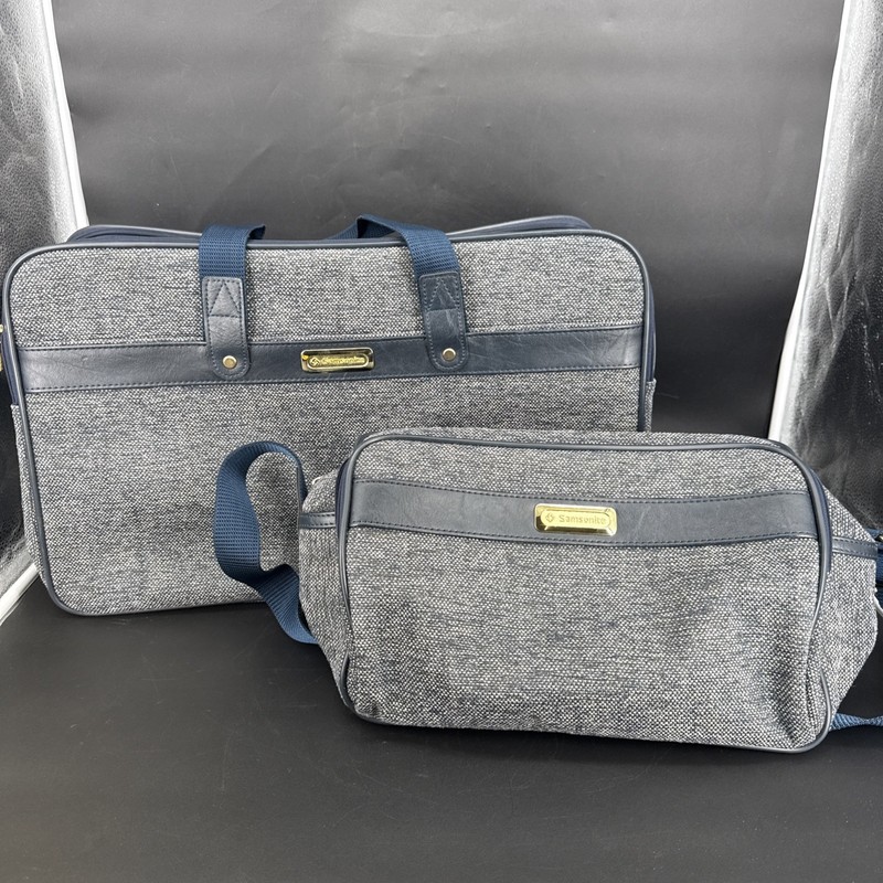 VTG Samsonite Tweed Blue Retro Overnight Carry On And Shoulder Travel Bag Set