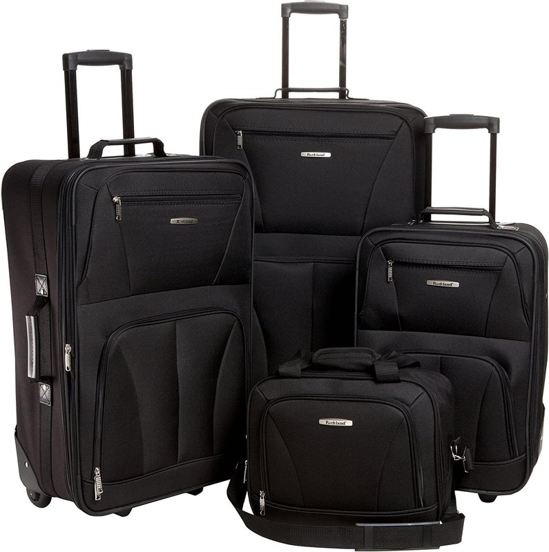 Rockland 4 Piece Upright Luggage Set Expandable Softside Black 20″ 24″ 28″ Tote