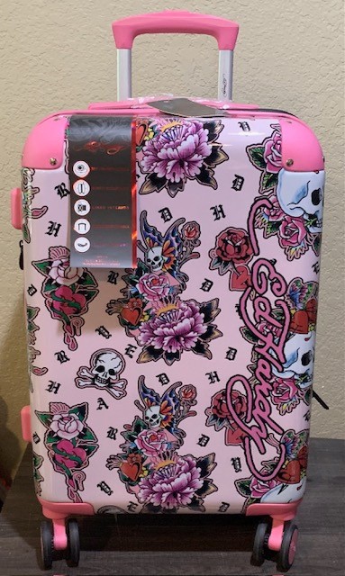 Ed Hardy 21″ Expandable Carry On Spinner Luggage Suitcase Pink Skull Butterflies