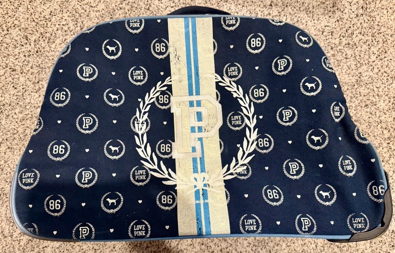 Victoria’s Secret PINK Navy Blue Wheeled Canvas Suitcase with Logo Print