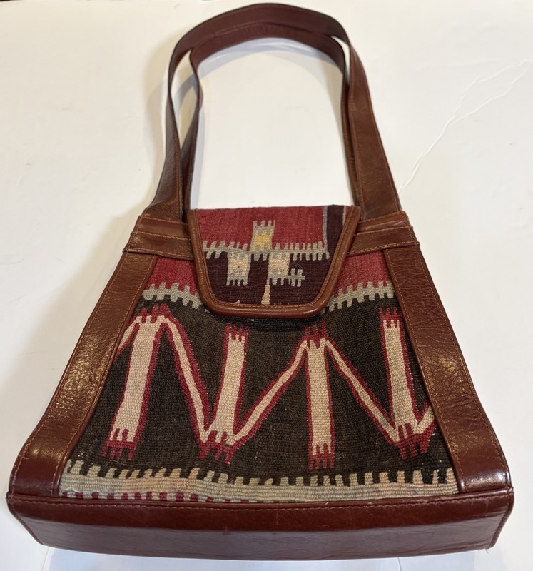 VTG YUN ART Turkish Kilim Wool Rust-Tan Leather Shoulder Bag Purse Boho Hobo
