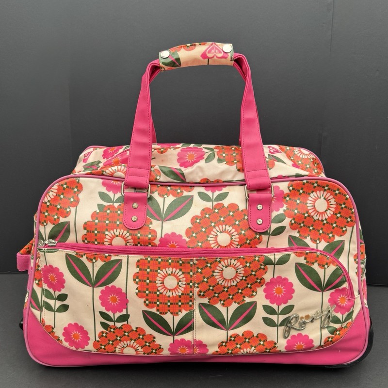Retro Roxy Quicksilver Pink Floral Travel Luggage Rolling 26” Duffle Bag Wheels