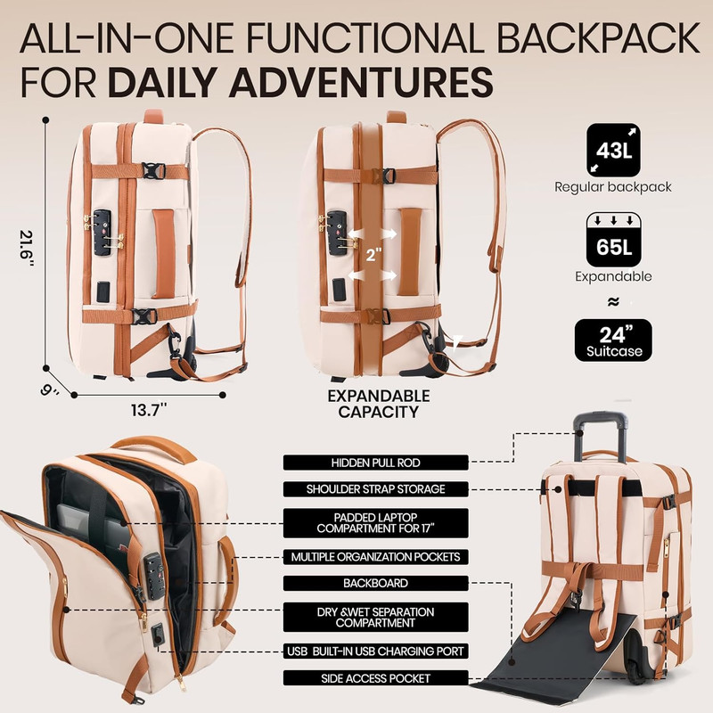 Rolling Vacuum Backpack Travel with One-Button Compression, Expandable Carry-On gallery