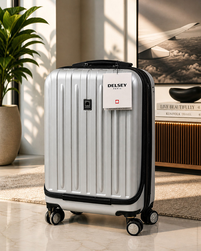 Delsey Helium Titanium Carry-On Spinner Silver Expandable Luggage NEW