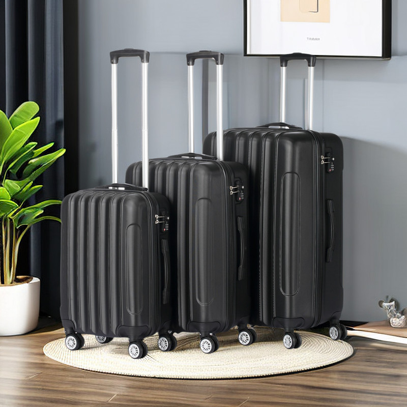 Black 3PCS Portable Trolley Luggage Suitcase, Modern Rolling Travel Suitcase Set