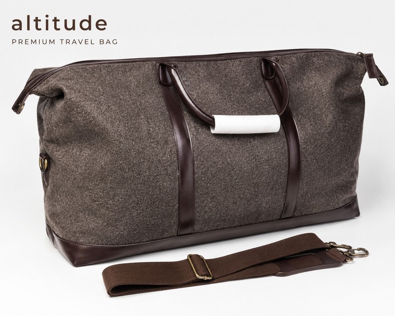 Altitude Large Brown Weekender Duffel Bag Wool Felt Faux Leather Trim w/ Strap