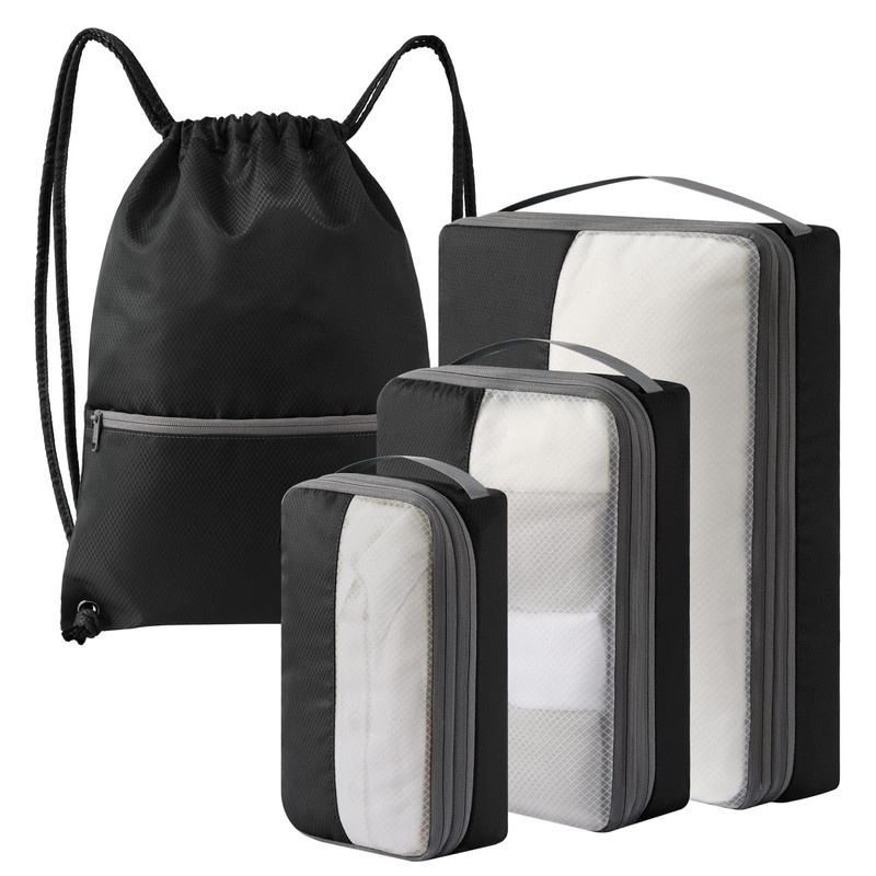 4 Set Compression Packing Cubes for Travel, Bonus Versatile Drawstring Backpa…