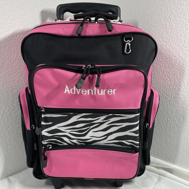 Double Handle Rolling Backpack Carry On, 6 Pocket, 17″ Black Pink Zebra Print.