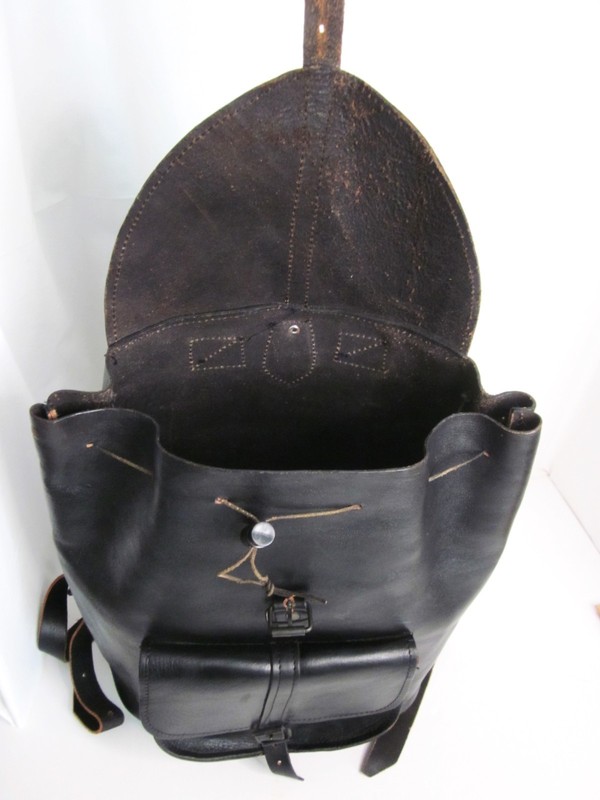 Large Handmade Black Leather Backpack Drawstring Tabs & Buckles Adj. Straps gallery