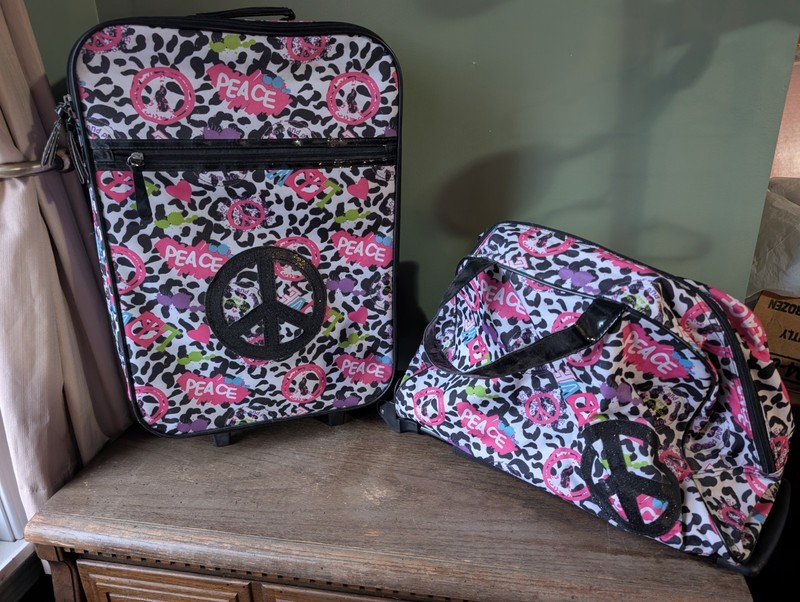 2 Piece Girls Leopard Print Peace Sign Luggage Set Rolling Duffle Bag Weekender