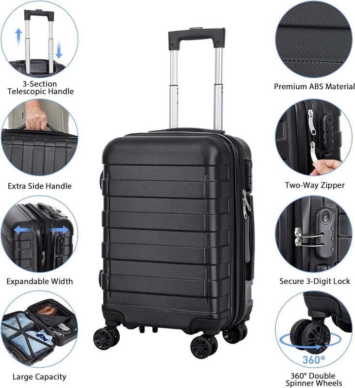 22" Hardside Carry On Spinner Suitcase Luggage Expandable with Wheels Black gallery