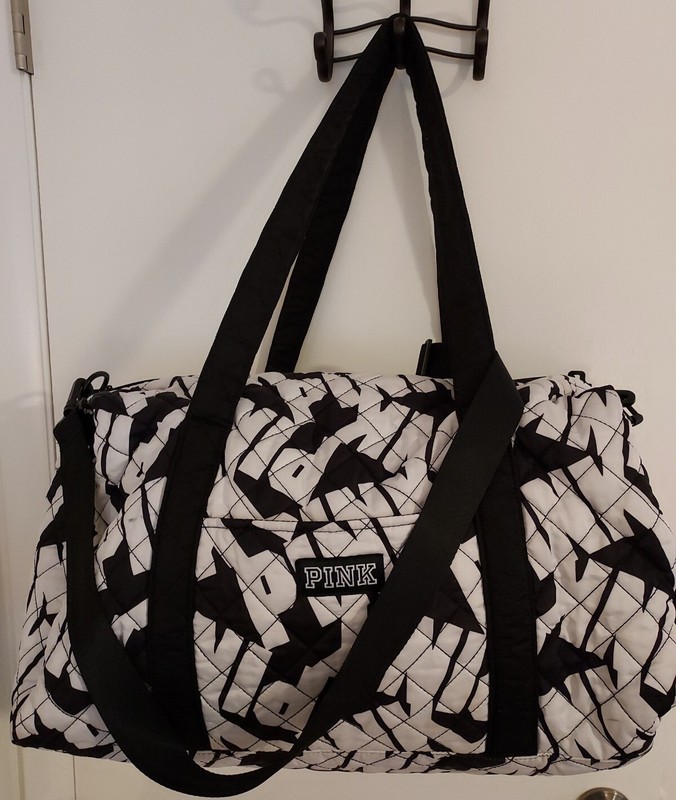 RARE Victoria's Secret PINK Travel Duffle Bag Lg Black & White Logos gallery