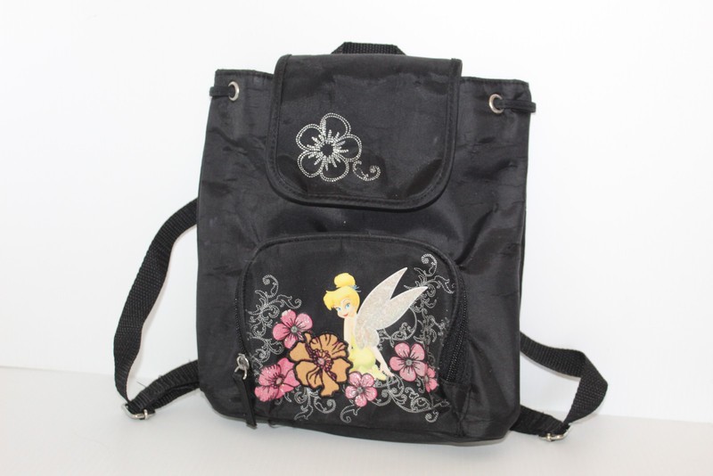 Disney Tinkerbell Black Drawstring Mini Backpack Girls Youth Floral Pockets