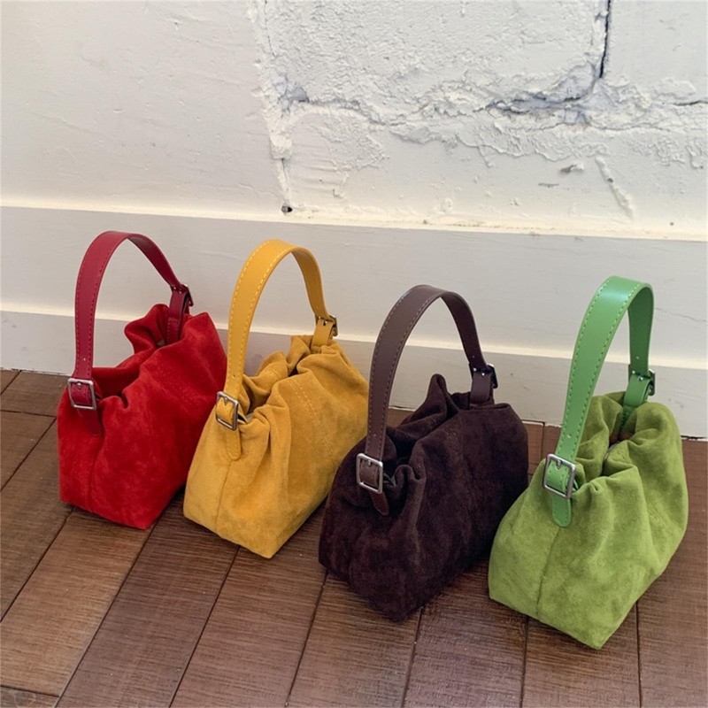 Women Vintage Suede Handbag Small Tote Bag Drawstring Bucket Bag Faux Suede C... gallery