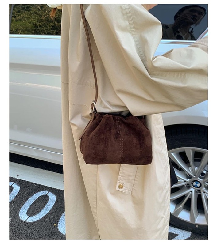 Women Vintage Suede Handbag Small Tote Bag Drawstring Bucket Bag Faux Suede C... gallery