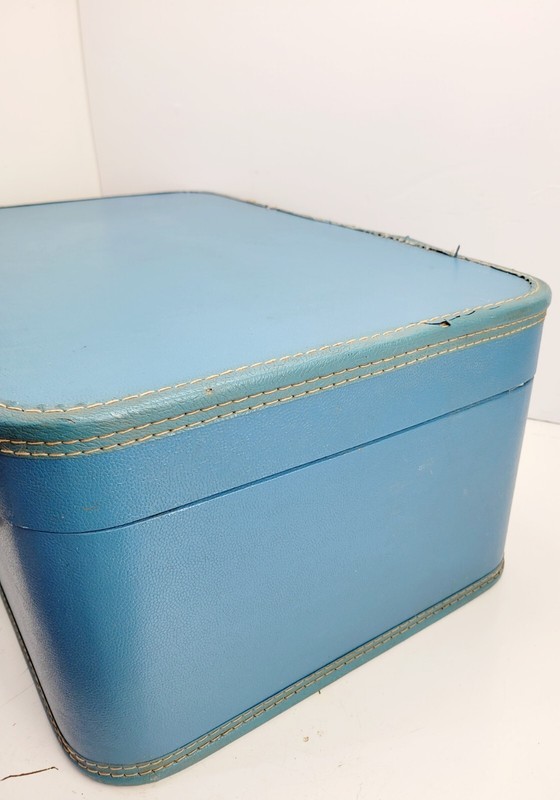 Large Bright Blue Rectangular Suitcase W/ Silver Alloy Hardware Photo Prop Decor gallery