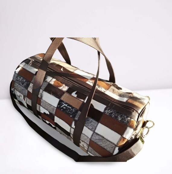 Patchwork Duffle Weekender Gym Leather Bag Tri Color Cowhide Road Trip Duffel
