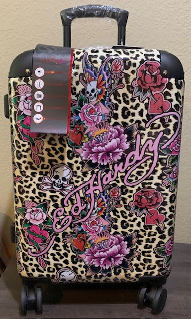 Ed Hardy 21″ Expandable Carryon Spinner Suitcase Leopard Print Skull Butterflies