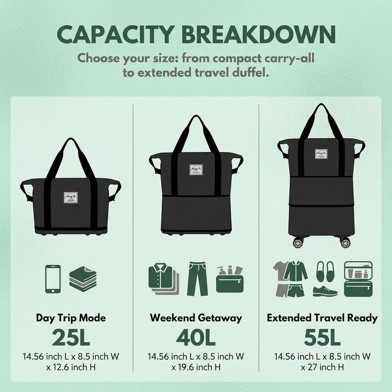 Expandable Foldable Duffle Bag with Wheels, Lightweight Travel Carry On Gym Bag gallery