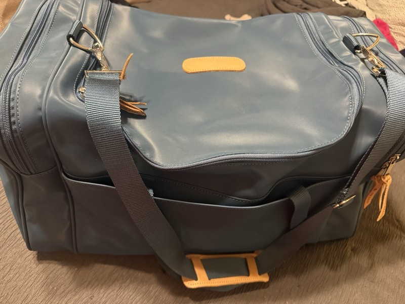 Jon Hart Design Medium Square Duffle Bag Blue with Brown Leather, 21"x12" gallery