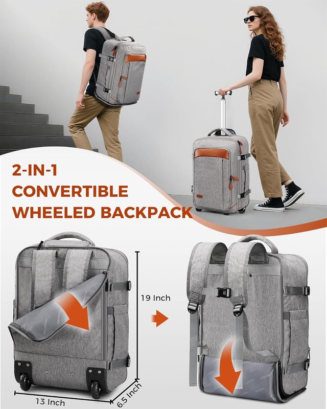 Expandable Rolling Backpack w/ Wheels Carry-On Laptop Bag Grey gallery