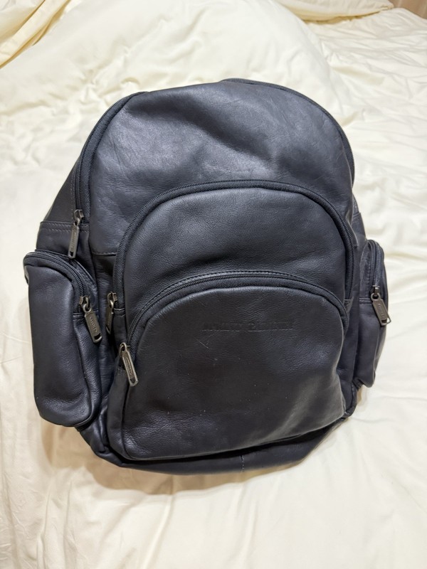 Black Leather Expandable Backpack With Padded Straps