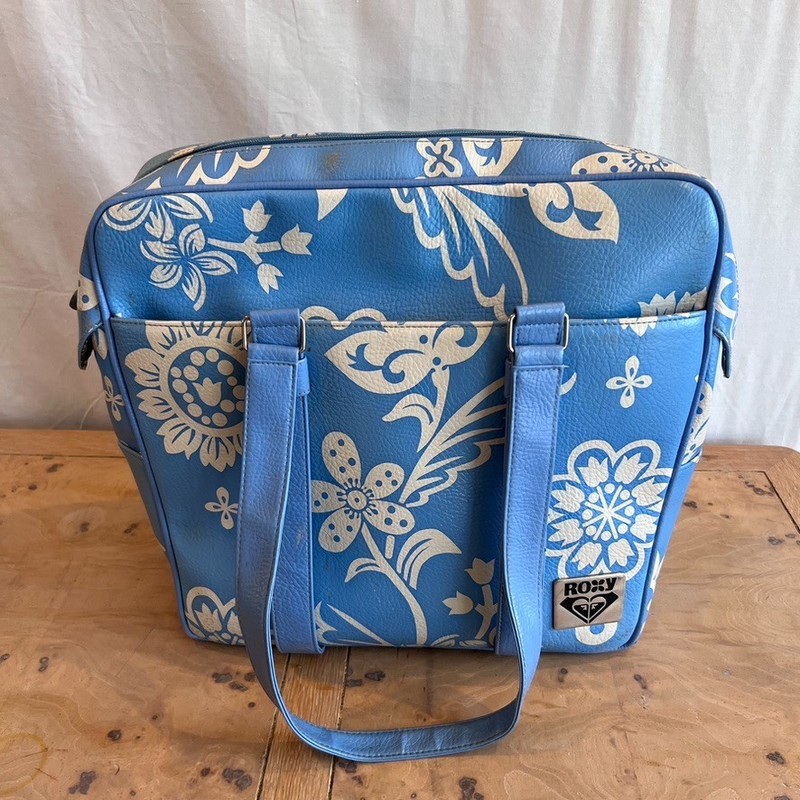 Vintage Roxy Double Handle Weekend Bag Carry On Y2K Blue Flowers Plastic Lined