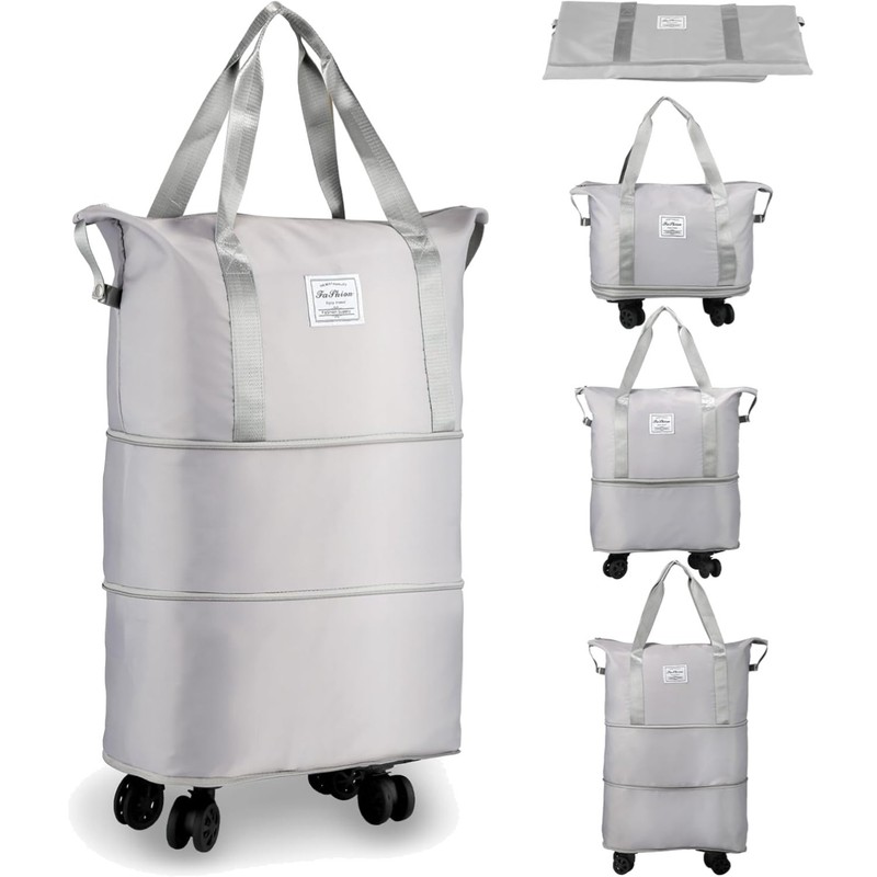 Rolling Duffle Bag Expandable Foldable Carry On Luggage Wheels Grey