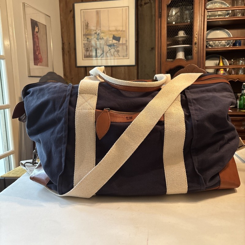 Mark and Graham Canvas and Leather Weekender Bag Nautical Navy Blue White Straps