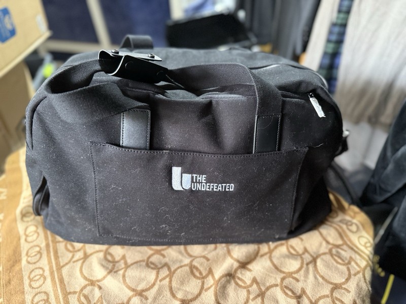 Branded AWAY Black Canvas Weekender Carry-on Duffle Bag – Leather Trimmed