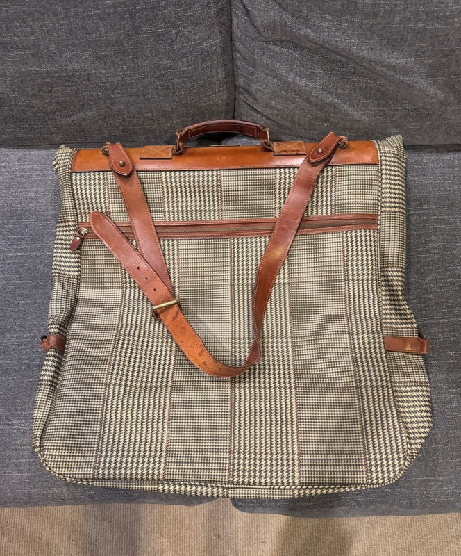 Vintage Polo Ralph Lauren Houndstooth Plaid Canvas Leather Garment Bag Luggage