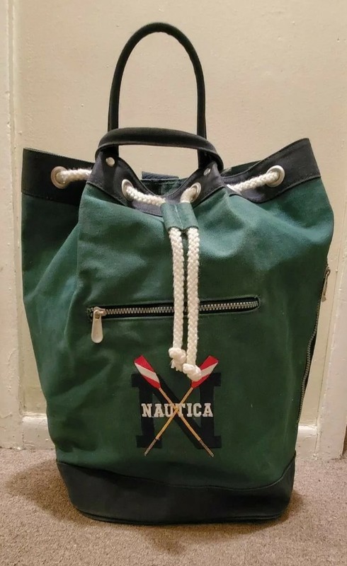 Vintage NAUTICA Hunter Green/Navy Blue Heavy Cotton Canvas Drawstring Backpack