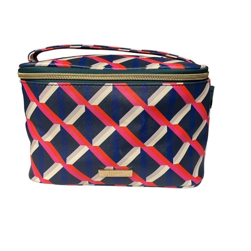 Trina Turk Geometric Pattern Cosmetic Bag Navy Red White Zip Organizer Travel