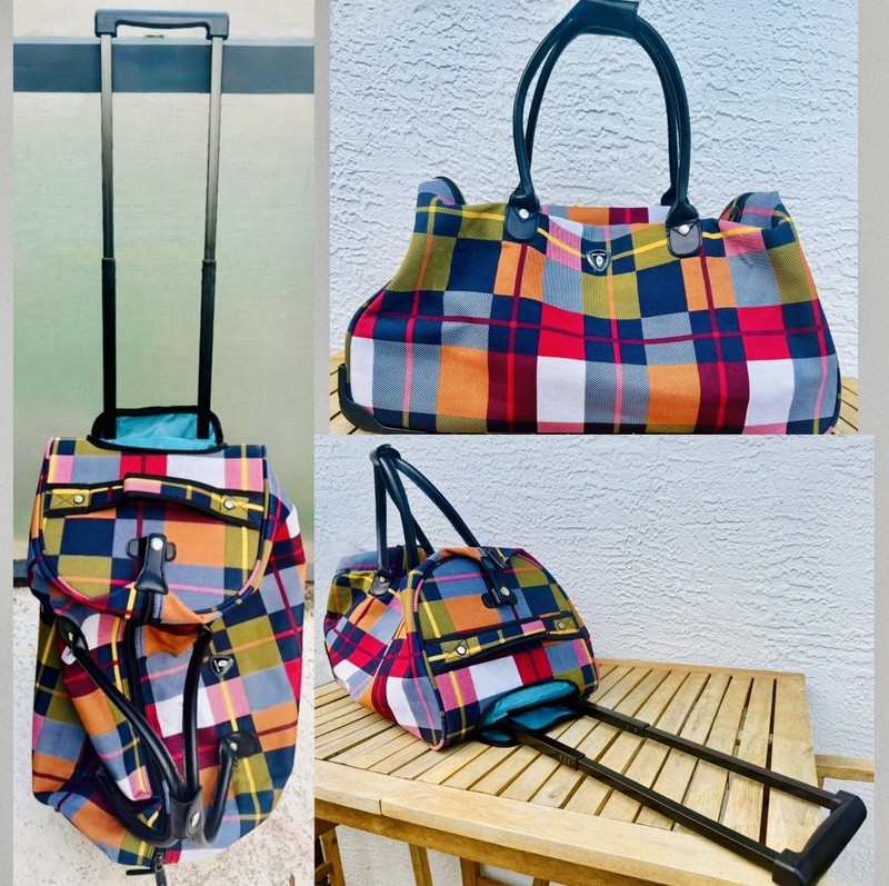 CalPak Rolling Duffel Bag Plaid Multicolor Carry On Travel Luggage Tote 21”~NICE
