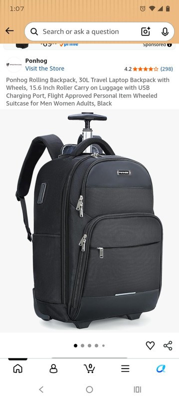Ponhog 30L Rolling Backpack Carry On Luggage w/ Wheels USB Port Fits 15.6 Laptop
