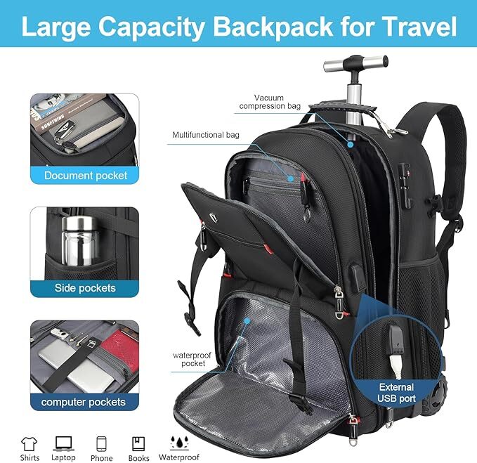 SWICKY RICOOI Rolling Backpack,50L Backpack with Anti-Theft Vacuum