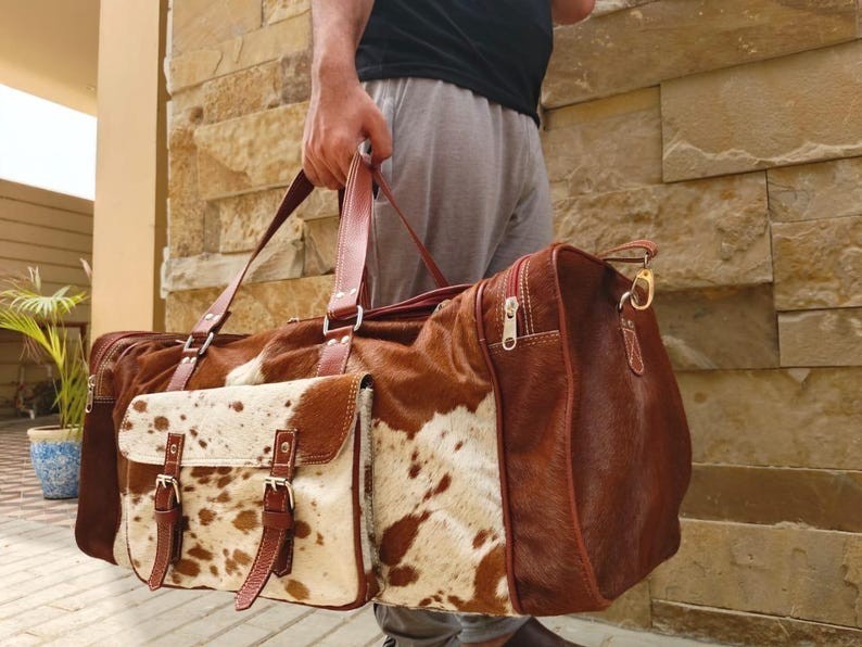 Genuine Cowhide Hair on Leather Duffle Bag | Weekender Overnight Travel/Gym Bag