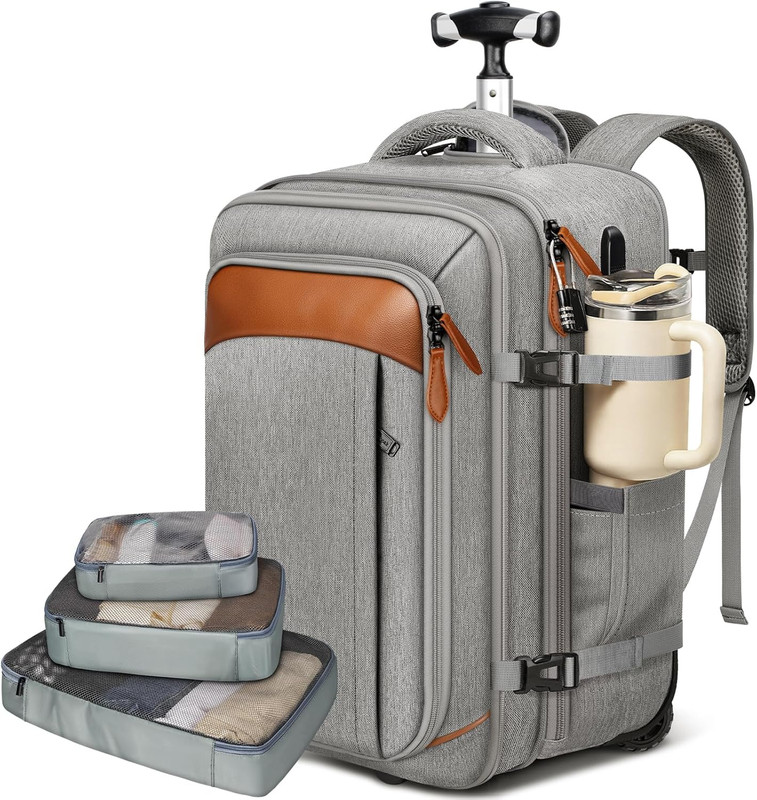 Expandable Rolling Backpack with Wheels & USB Port, Grey, 3 Packing Cubes