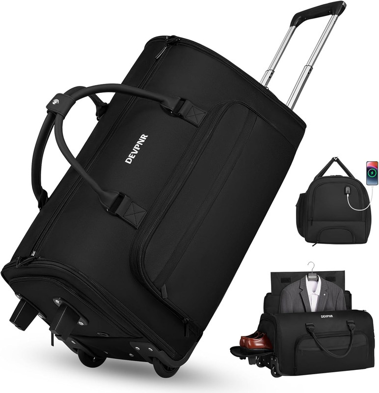 Rolling Garment Bags for Travel, 59L Rolling Duffle Bag with Wheels and Shoe Com