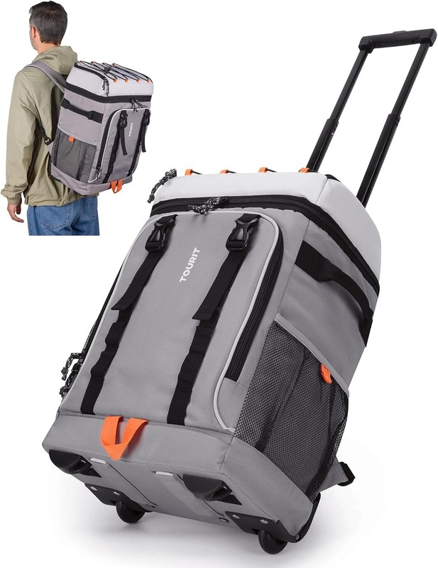 50-Can Rolling Backpack Double Deck & Dual-Bar Handle Travel Soft Cooler Bag