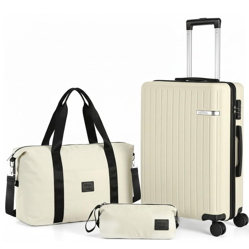 3-Piece Luggage Set, Durable Hardshell Suitcase with Dual-Spinner Wheels, Beige