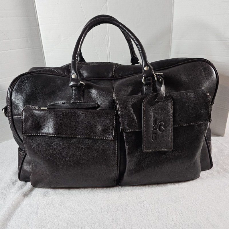Lexus Brown Genuine Leather Small Duffel Overnight Zip Bag Pockets Colombia