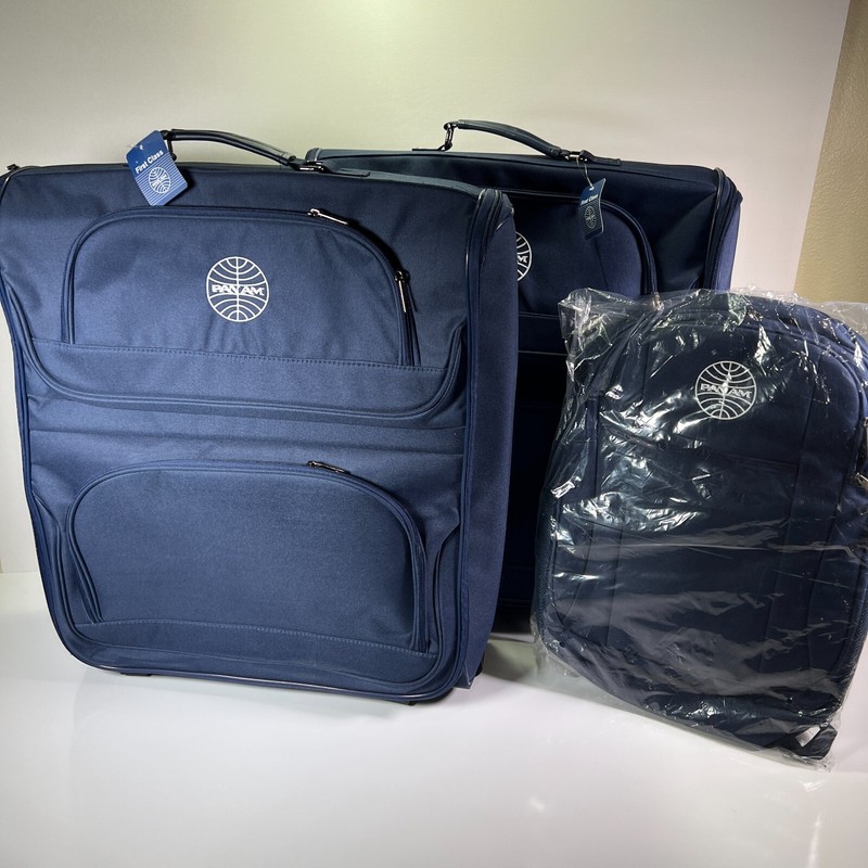 Pan Am First Class Airline Carry All Rolling Suitcase Luggage Backpack Blue Set