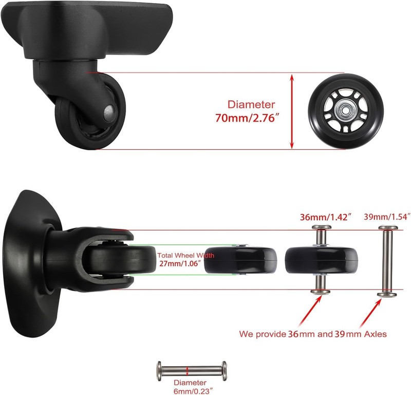 Robust 70mm x 24mm Replacement Suitcase Wheels with 36mm/39mm Axles - Set of 2 gallery