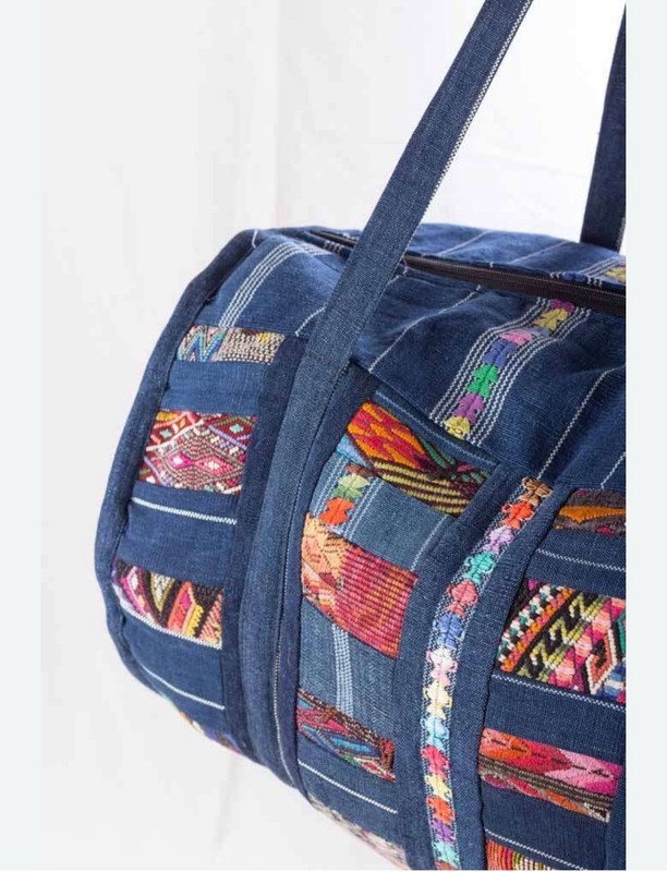 Woven Patchwork Blue Multicolor Duffel Bag 18" Shoulder Straps Zipper Closure gallery
