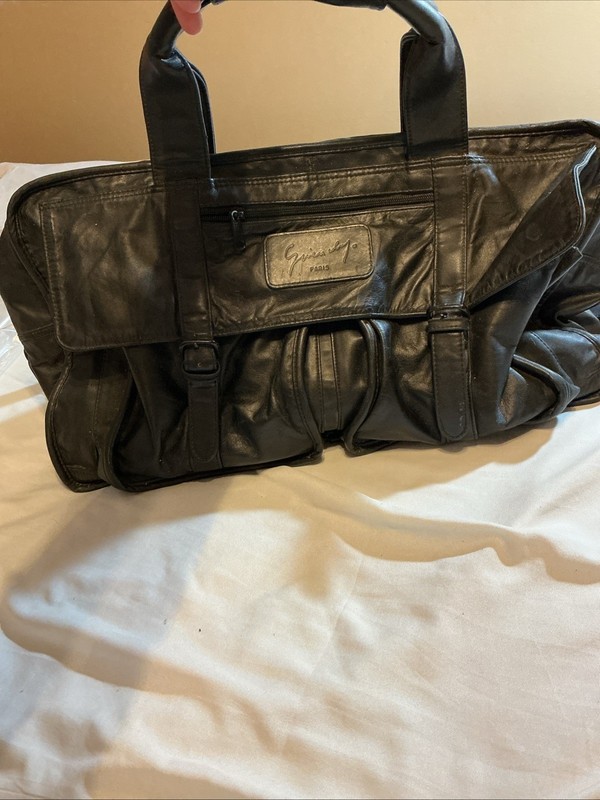 Vintage Givenchy Black All Leather Carry On Duffle Bag Shoulder Strap Expandable
