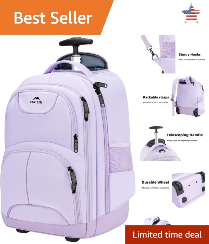 Rolling Backpack for Women – 17 Inch Travel Laptop Backpack with Wheels – Purple