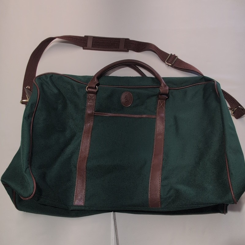 Vintage Ralph Lauren Green Canvas Duffle Bag Brown Trim Adjustable Strap